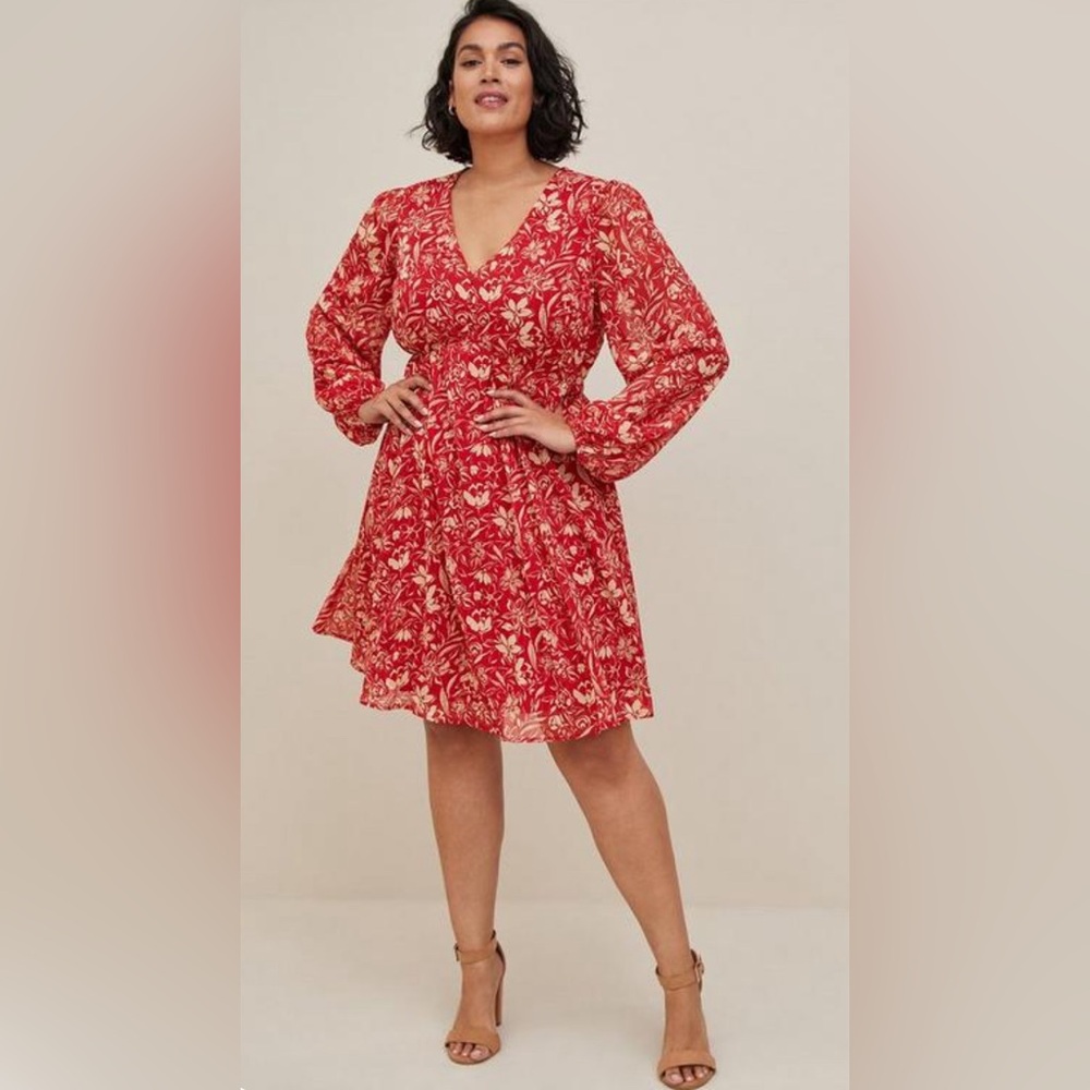 Torrid Mini Chiffon Long Sleeve Babydoll Dress Red Floral Print Size 3X